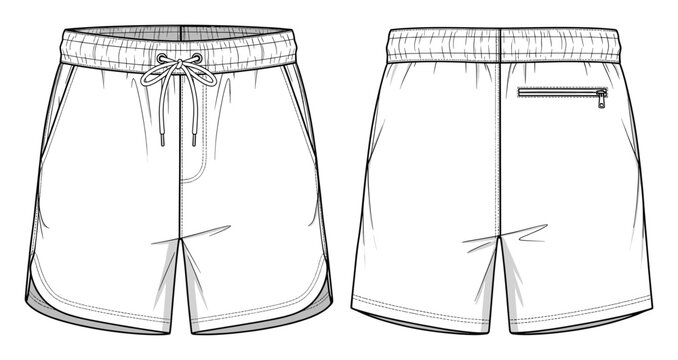 Detailed technical flat sketch of mens athletic shorts featuring an elastic waistband with drawstring and back zip pocket for fashion design and product development.