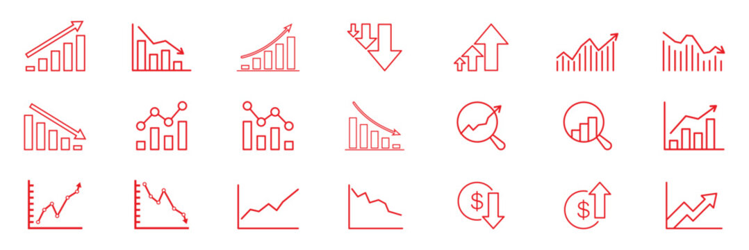 Increase and decrease line icon set for finance data analytics with chart, graph, and arrow symbols showing growth and decline. Graph and Chart icon set. Editable line icons. Vector illustration.