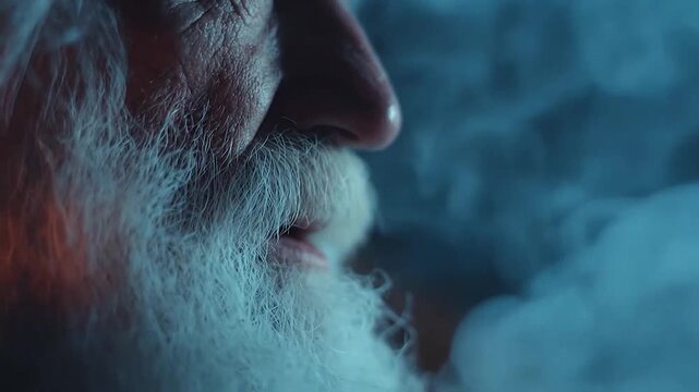 Close-up profile of an elderly man with a long white beard, surrounded by ethereal smoke
