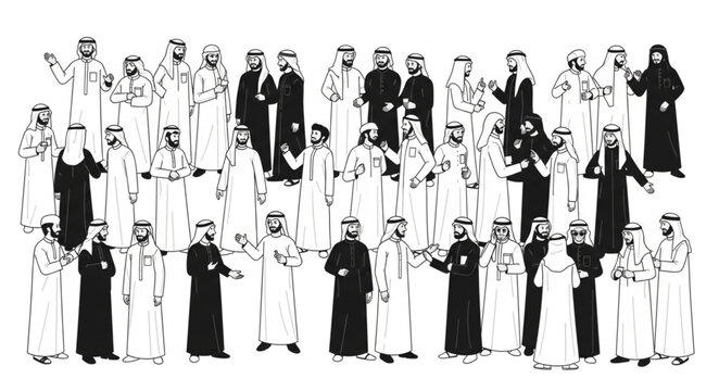 Group of Arab men in traditional attire, standing together.