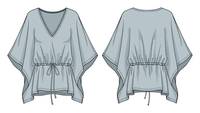 Stylish female kaftan style blouse with dolman sleeves and front tie detail perfect for clothing brand presentations and garment product development specifications