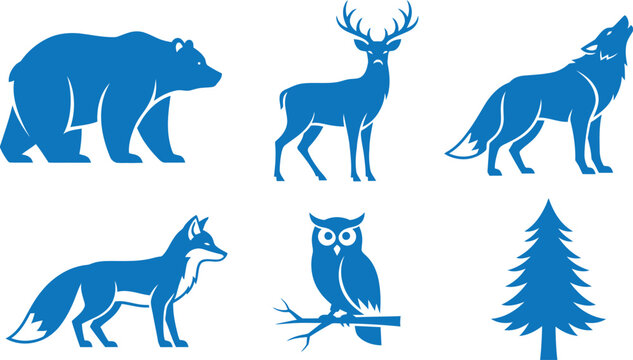 Blue silhouettes of forest animals and tree