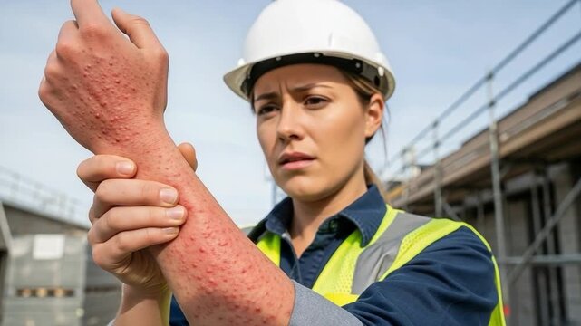 Female Construction Worker with Occupational Contact Dermatitis Skin Rash on Arm