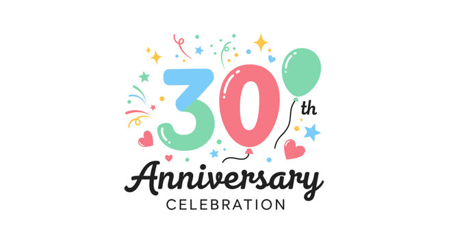 30th Anniversary Celebration Vector Illustration with Balloons and Confetti, Festive Design for Event Invitations and Party Decor
