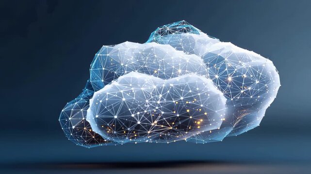 Digital cloud computing network showcases data visualization using interconnected nodes representing information processing and storage environments in a dynamic digital setting