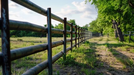 Fototapeta premium Serene Countryside Landscape with Rustic Fence and Lush Greenery under Bright Blue Sky