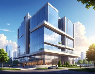 Obraz premium A modern, multi-story glass building on a street corner