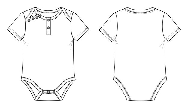 Infant short sleeve baby romper outline technical drawing showcasing front and back views for garment development, product specification, and apparel production.