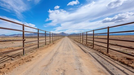 Obraz premium Dusty rural road leading between metal fences under bright blue sky with fluffy clouds and distant mountains in the background