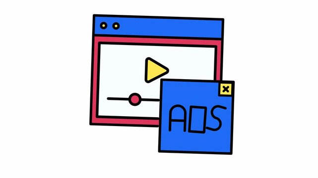 Video play screen with an advertisement popup icon animation suitable for marketing campaigns to showcase interactive advertising strategies in digital media platforms.