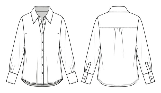 Professional womens collared buttonup blouse with long cuffed sleeves and back pleats perfect for apparel design development clothing manufacturing specifications and textile style guides