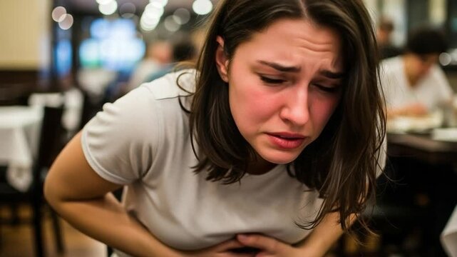 Young Woman Suffering from Food Poisoning in Restaurant, Stomach Ache and Nausea