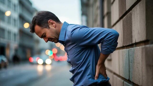 Middle aged Caucasian man suffering from chronic sciatica pain on urban city street