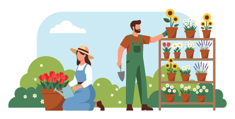 Fototapeta premium Dedicated gardeners cultivate a variety of vibrant potted flowers including sunflowers, tulips, daisies, and lavender, ideal for themes of spring, hobbies, and nature.