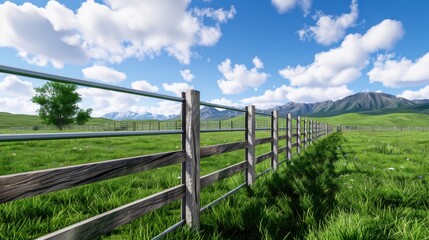 Fototapeta premium Serene Pastoral Landscape with Wooden Fence and Lush Green Grass Under a Blue Sky and White Clouds