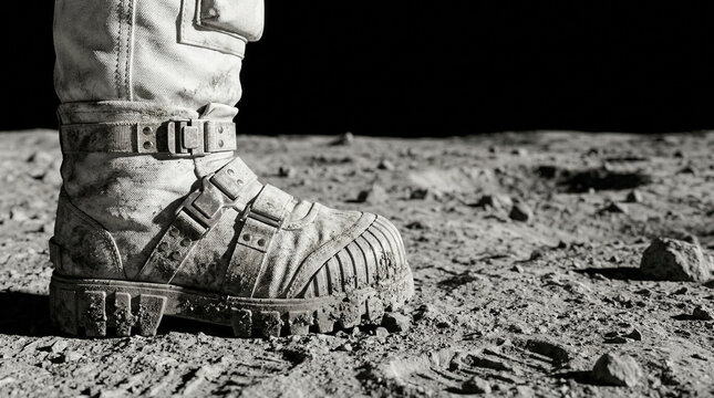 Astronaut boot stepping on lunar surface with moon rocks around  