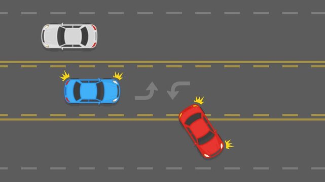Safe driving tips and traffic regulation rules. Two-way left turn lane usage. Top view of cars using center lane to make a left turn. Horizontal animated video template.