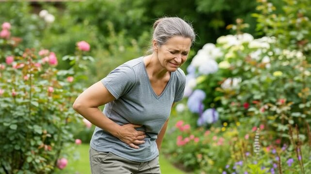 Senior woman experiencing sudden stomach pain and digestive discomfort in a lush summer garden