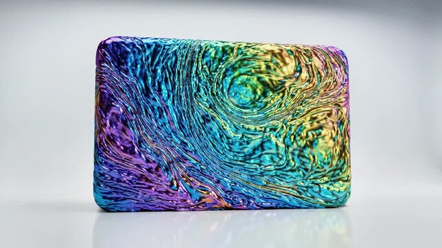 A colorful glass object with swirling patterns and a metallic sheen