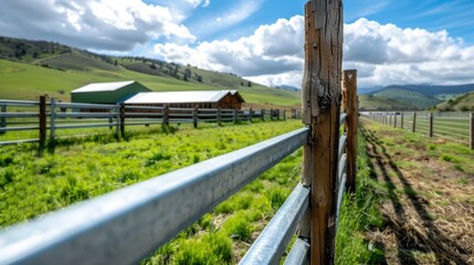 Fototapeta premium Peaceful Countryside Landscape with Fencing and Farm Buildings Under Blue Sky and White Clouds
