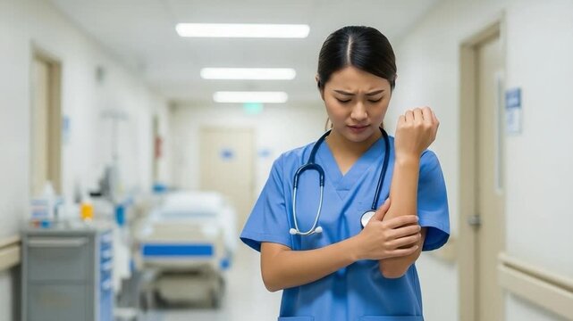Young Asian Female Nurse Suffering From Repetitive Strain Injury In Hospital Hallway