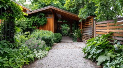 Fototapeta premium Lush Garden Pathway Leading to a Cozy Wooden House Surrounded by Vibrant Greenery and Colorful Flowers in a Serene Environment