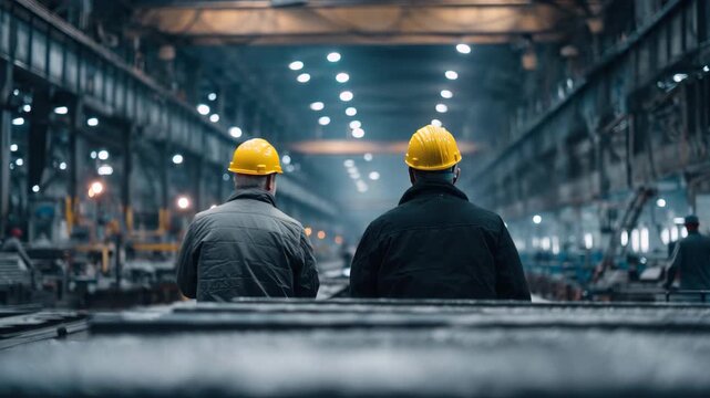 Two factory workers examining a component in a large industrial facility during daytime shift hours