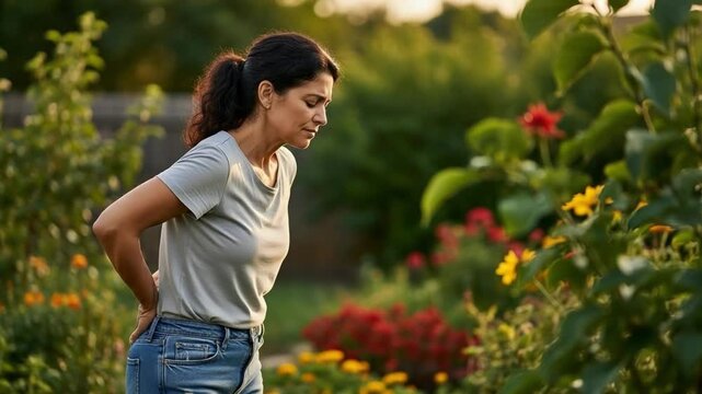 Middle Aged Hispanic Woman Experiencing Lower Back Pain While Gardening Outdoors