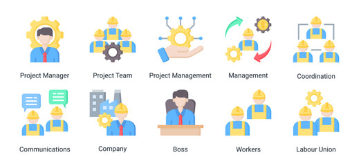 Fototapeta premium Construction team and management icon set featuring leadership,coordination,workforce,and communication.Ideal for organization and business management concepts.