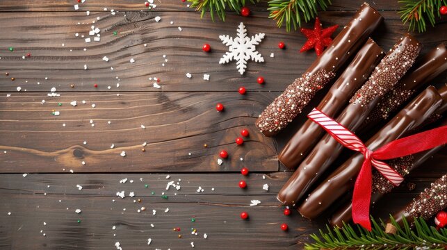 Festive Chocolate-Dipped Pretzel Sticks with Decorative Holiday Elements on Rustic Wooden Background