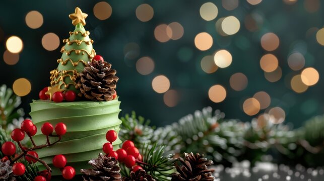 Festive Green Frosted Cake Decorated with Christmas Tree and Pine Cones Against Bokeh Background