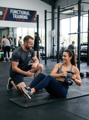 Naklejka premium A male personal trainer is demonstrating a core exercise to a female client. They are kneeling on a mat in a functional training gym.