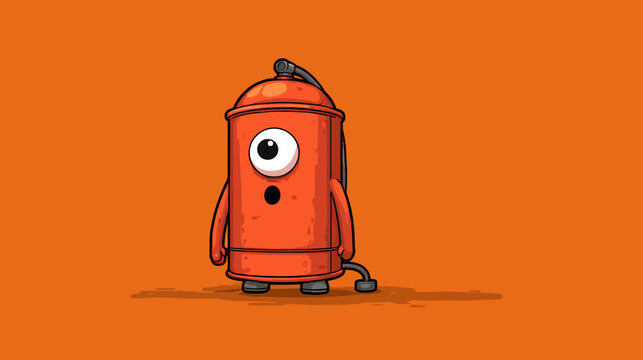 A cartoon character with a single eye, shaped like a fire extinguisher on an orange background