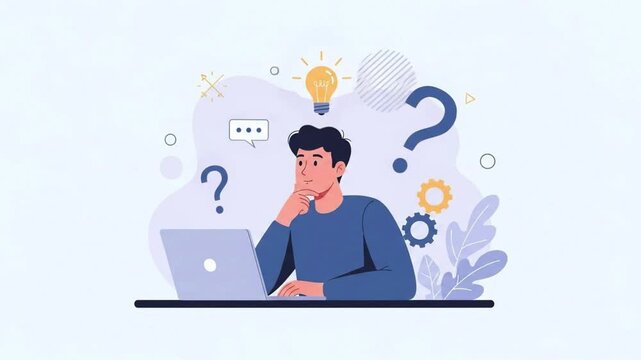 A successful business woman thinking at her office laptop with a question mark icon symbol representing a social communication network concept and web technology idea illustration vector