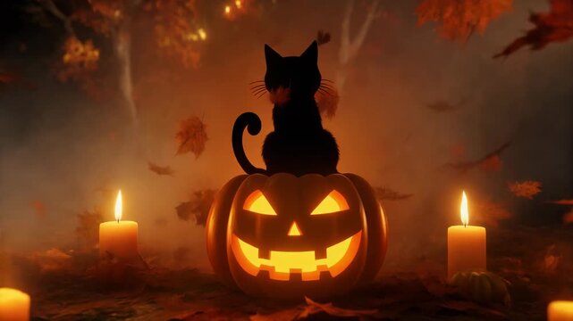 3D cinematic Halloween scene of a black cat sitting on a carved glowing pumpkin, surrounded