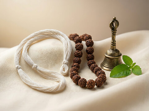 Sacred Thread (Janeyu) and Rudraksha Beads on Silk with Bell and Tulsi Leaf, Pooja Still Life