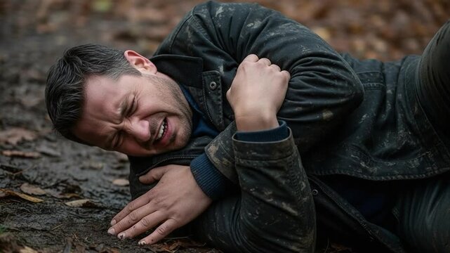 Middle aged man suffering from sudden heart attack while hiking in the muddy forest