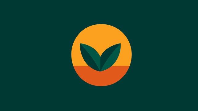Minimalist design features an orange circle bisected by an orange stripe with two green leaves inside