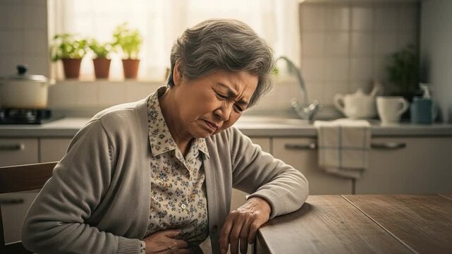Elderly Asian woman suffering from acute stomach cramps and indigestion in a kitchen