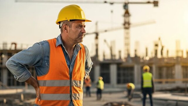 Middle Aged Male Construction Worker Suffering From Chronic Lower Back Pain On Site