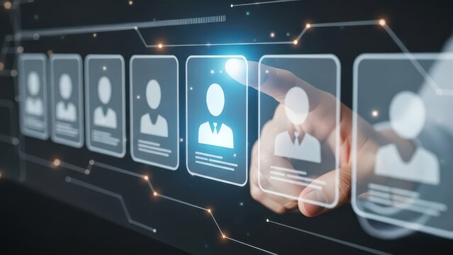Digital recruitment interface with human resources icons, futuristic talent acquisition concept, hand selecting candidate on virtual screen