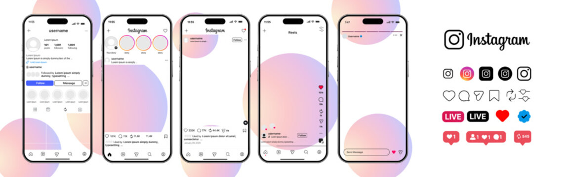 Complete set of Instagram mobile mockups, including home feed, profile page, search screen, direct message interface, and Reels player.
