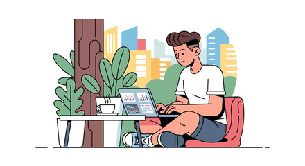 Fototapeta premium Freelancer Remote Work Flat Vector Illustration, Work From Home Lifestyle, Digital Nomad, Online Working, Laptop Workspace, Home Office, Productivity Concept for UI UX Design
