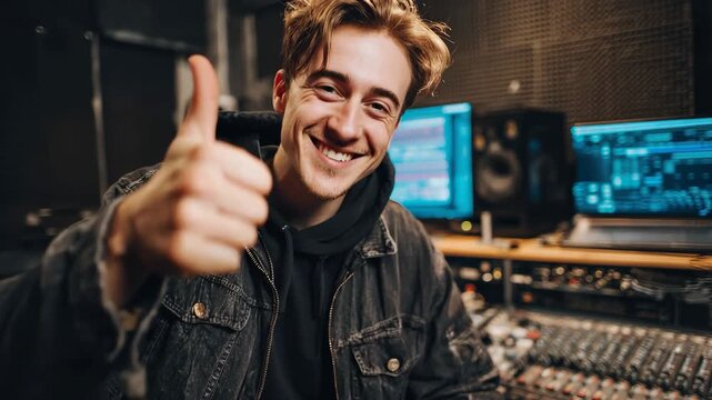 Young stylish music producer shows thumbs up while working in a modern studio during daytime, surrounded by equipment and screens showcasing audio tracks
