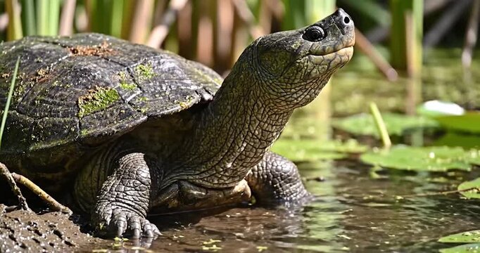 A close-up side view of an Australian Eastern Long-Necked Turtle resting by the water edge