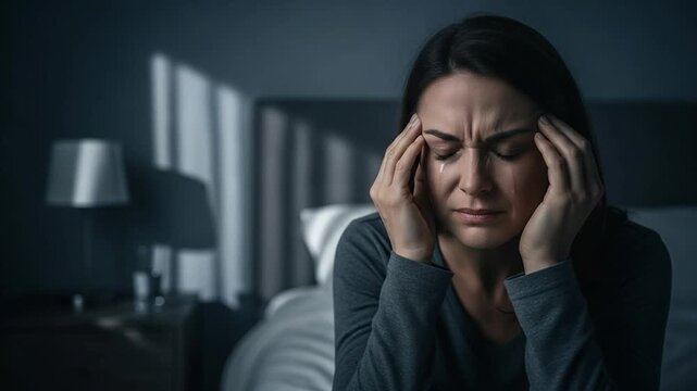 Young adult woman suffering from chronic migraine and cluster headache at night