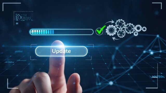 Software update concept with finger touching digital button, system upgrade progress bar and gear icons, futuristic technology interface for data maintenance