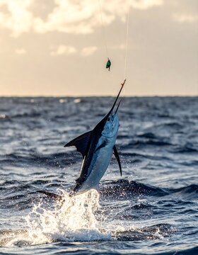 A marlin leaps from the ocean, hooked, beneath a sky at sunset