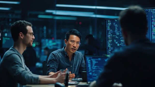Young Asian software development manager leads a team meeting on software projects in a modern office setting, discussing solutions and innovations at night