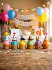 Fototapeta premium A festive birthday party scene features a table laden with colorful cupcakes adorned with hats and sprinkles.